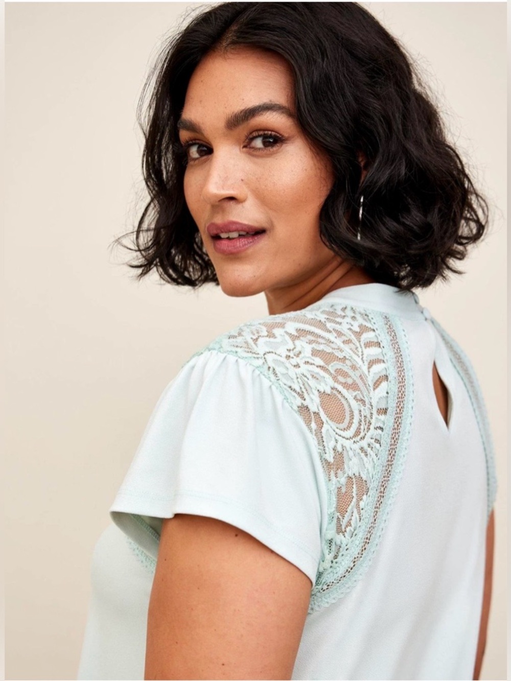 Torrid Studio Crepe Jersey Mock Neck Lace Inset Top - Picture 2 of 7